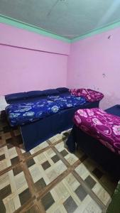 two beds in a room with pink and purple walls at Dakshu guest house in Ukhimath
