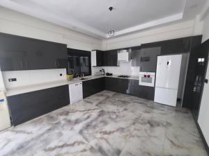 a large kitchen with black cabinets and white appliances at ViLLA ANGEL AHMET HASAN in Belek