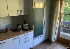 eine Küche mit weißen Schränken und einem grünen Kühlschrank in der Unterkunft Grüne Au in St. Wolfgang
