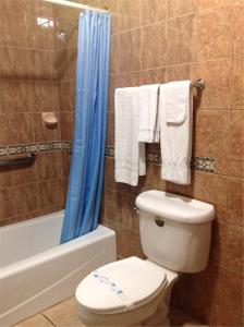 a bathroom with a toilet and a blue shower curtain at Walls Motel Long Beach in Long Beach +27 photos