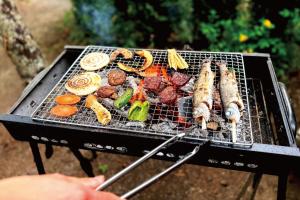 Eine Person bereitet Essen auf einem Grill zu. in der Unterkunft RK nomadic in Miyota