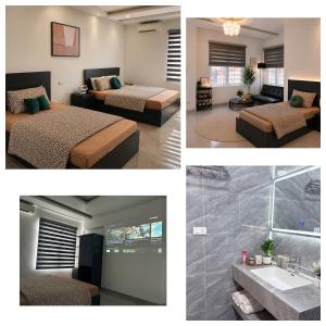 three pictures of a bedroom with two beds and a bathroom at Moon Room in Hai Phong
