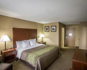 a hotel room with a large bed and two lamps at Comfort Inn Morris I-80 in Morris