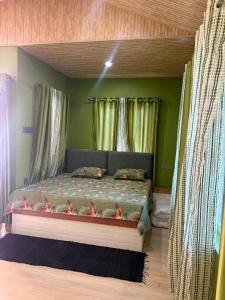 a bed in a room with green walls and windows at Oliway Homestay in Lohaghāt