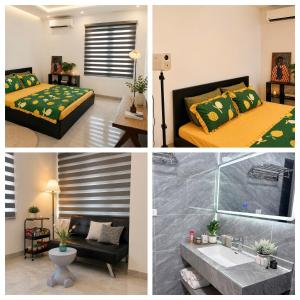 three pictures of a room with two beds and a bathroom at Mun Room in Hai Phong