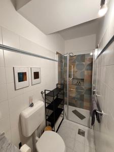 a bathroom with a white toilet and a shower at Porto Albona in Rabac +13 photos