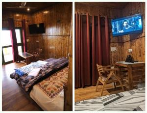 ein Zimmer mit einem Bett, einem Tisch und einem Fernseher in der Unterkunft Lal Bangla Homestay in Chaukori