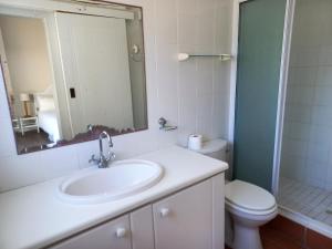 a bathroom with a sink and a toilet and a mirror at Ripples Beach House - 14 sleeper in Port Alfred +25 photos