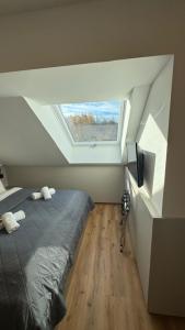 a bedroom with a bed with a large window at Hotel Falken in Hechingen