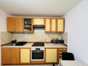 a small kitchen with wooden cabinets and a sink at Apartmani Luciano in Novalja