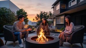 a group of three people sitting around a fire pit at Ruhe K in Kusatsu