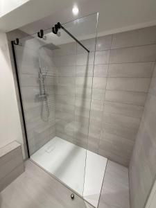 a shower with a glass door in a bathroom at Gîte Région des Lacs - SPA et Sauna Privatif in Orgelet +19 photos