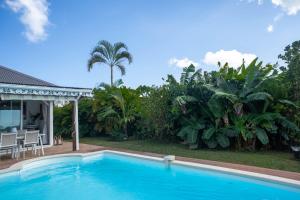 a swimming pool in front of a house with a palm tree at Villa Le Nid des Colibris in Gourbeyre +54 photos