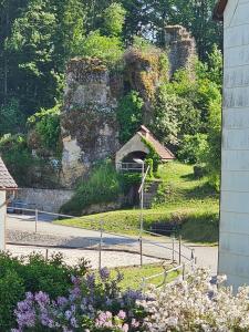 a view of a garden with a stone building at Haus Burgblick in Obertrubach +19 photos