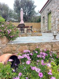 a garden with flowers and a table and a umbrella at Villa Rokanes Glass Stone with Pool in Kouvéllai