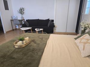 a living room with a couch and a table at Appartement le Tilleul - Apparts Cosy in Saint-Pons +2 photos