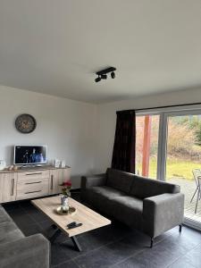 a living room with a couch and a tv at LIPNO Hideaway in Kramolín