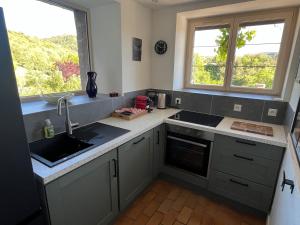 a kitchen with gray cabinets and a sink and two windows at Chez Albert, in Saint-Ilpize