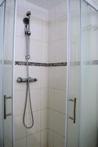 La salle de bains est pourvue d'une douche avec un pommeau de douche. dans l'établissement Work & stay Neuss, à Neuss