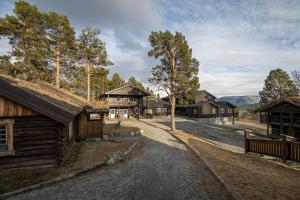 a group of wooden buildings in a village at Karstenstua in Holo