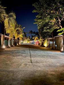 an empty street with trees and lights at night at My House in Surin