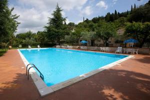 ein großer blauer Swimmingpool mit Liegestühlen und Sonnenschirmen in der Unterkunft Hotel Da Angelo in Assisi