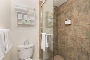 a bathroom with a toilet and a glass shower at Manitou Lodge 8 by Alpine Lodging Telluride in Telluride