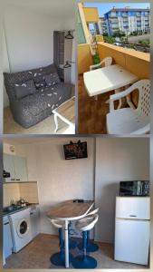 a collage of four pictures of a room with a bed and a table at Appartement vu mer in Le Barcarès