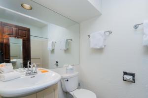 a bathroom with a sink and a toilet and a mirror at Manitou Lodge 4 by Alpine Lodging Telluride in Telluride