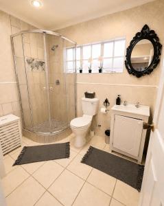 a bathroom with a shower and a toilet and a sink at Zhantique Guest House 1- Unit 5 in Boksburg