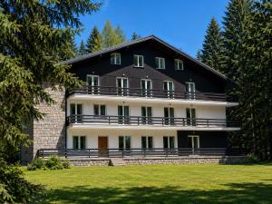 a large black and white house with a lawn at Apartmány Panorama Harrachov in Harrachov
