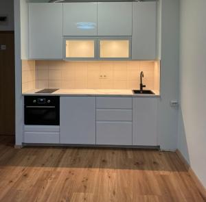 a kitchen with white cabinets and a sink at BlueBird Apartments in Latschach