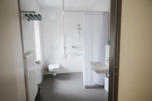 a bathroom with a shower and a toilet and a sink at Pension Altes Schulhaus in Leuna