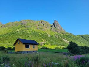 a yellow house in a field with a mountain at Higravstinden Basecamp - Lofoten in Laupstad