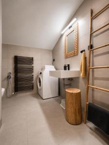 a bathroom with a sink and a washing machine at Apartmány Panorama Harrachov in Harrachov +27 photos