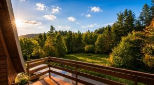 a balcony with a view of a forest at Koča Rakitna Forest Chalet with Sauna in Preserje