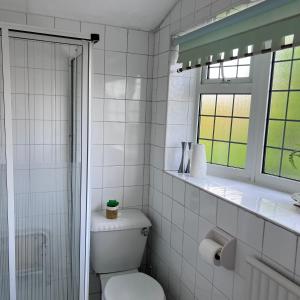 a white bathroom with a toilet and a window at Rizvi house in Moston