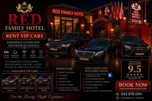 Ein Flyer für ein rotes Familienhotel mit davor geparkten Autos. in der Unterkunft Red Family Hotel in Vagharshapat