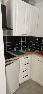 a kitchen with white cabinets and a sink at cosy studio in Saint-Maximin-la-Sainte-Baume