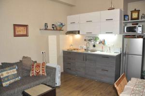 a kitchen and living room with a couch and a refrigerator at Ski Sun & Fun - next to iconic Marco Polo in Gudauri