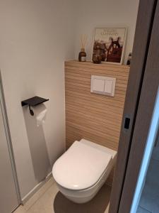 a bathroom with a white toilet with a wooden wall at La Petite Bergerie in Fréjus +9 photos