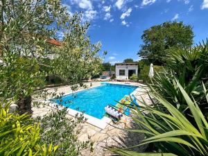 a swimming pool in a yard with trees at Villa Vika Apartments in Njivice
