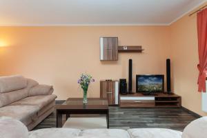 a living room with a couch and a tv at Holiday House Kurnik by Renters in Kołczewo