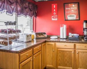 a kitchen with red walls and a counter with donuts at Rodeway Inn Kalkaska in Kalkaska