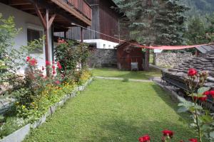 ogród z czerwonymi kwiatami i budynek w obiekcie Fravgia veglia w mieście Andeer