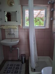 a bathroom with a sink and a tub and a window at Bungalow im Künstlergarten in Bad Muskau