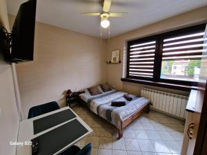 a small bedroom with a bed and a window at Pokoje Roztoki 4a in Rabka-Zdrój