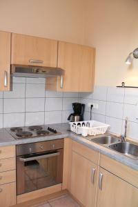 a kitchen with a sink and a stove top oven at Gîte L'air pur in Roisin