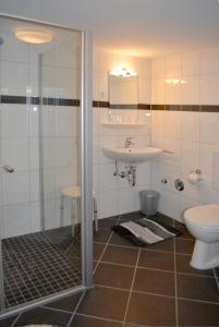 a bathroom with a shower and a sink and a toilet at Ferienwohnung Weber in Zell an der Mosel