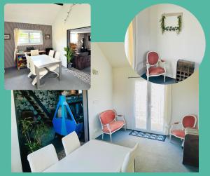 two pictures of a living room with a table and chairs at Cocon à la ferme - Lac du Der in Loisy-sur-Marne